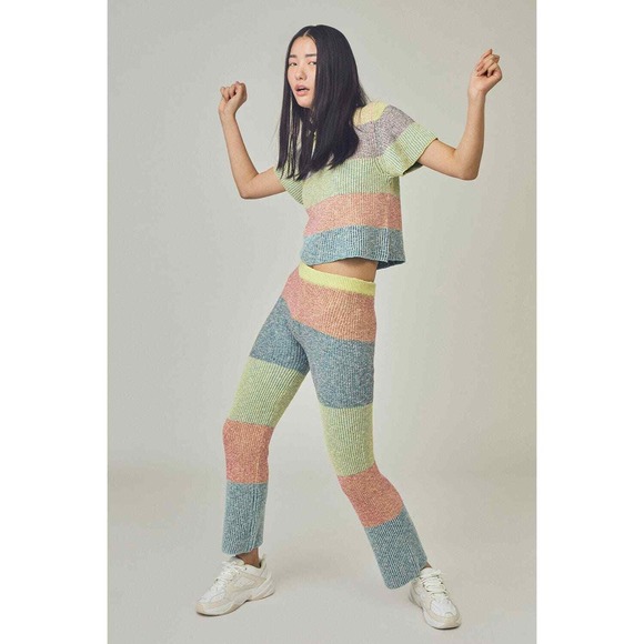 YanYan Knits Pants - YANYAN KNITS Sweater Pant Women Large Colorblock Striped Ribbed High Rise Flare